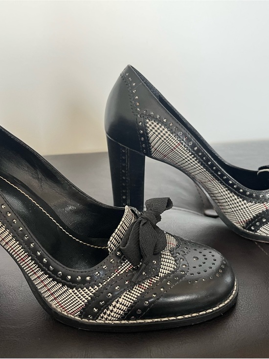Franco Sarto Shoes - Franco Sarto Black and Cream Plaid Brogue Heels with Bow Accent